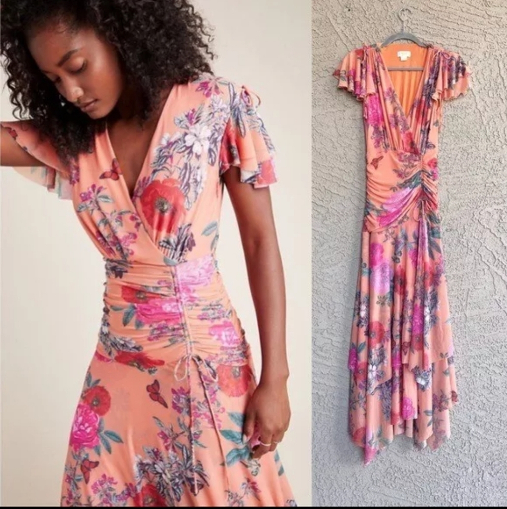 Maeve By Anthropologie Pink & Orange Flutter Sleeve Dress W/Butterflies &Flowers
